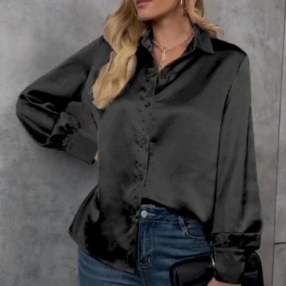 NWT Joie Satin Buttoned Career Blouse Black Large Office